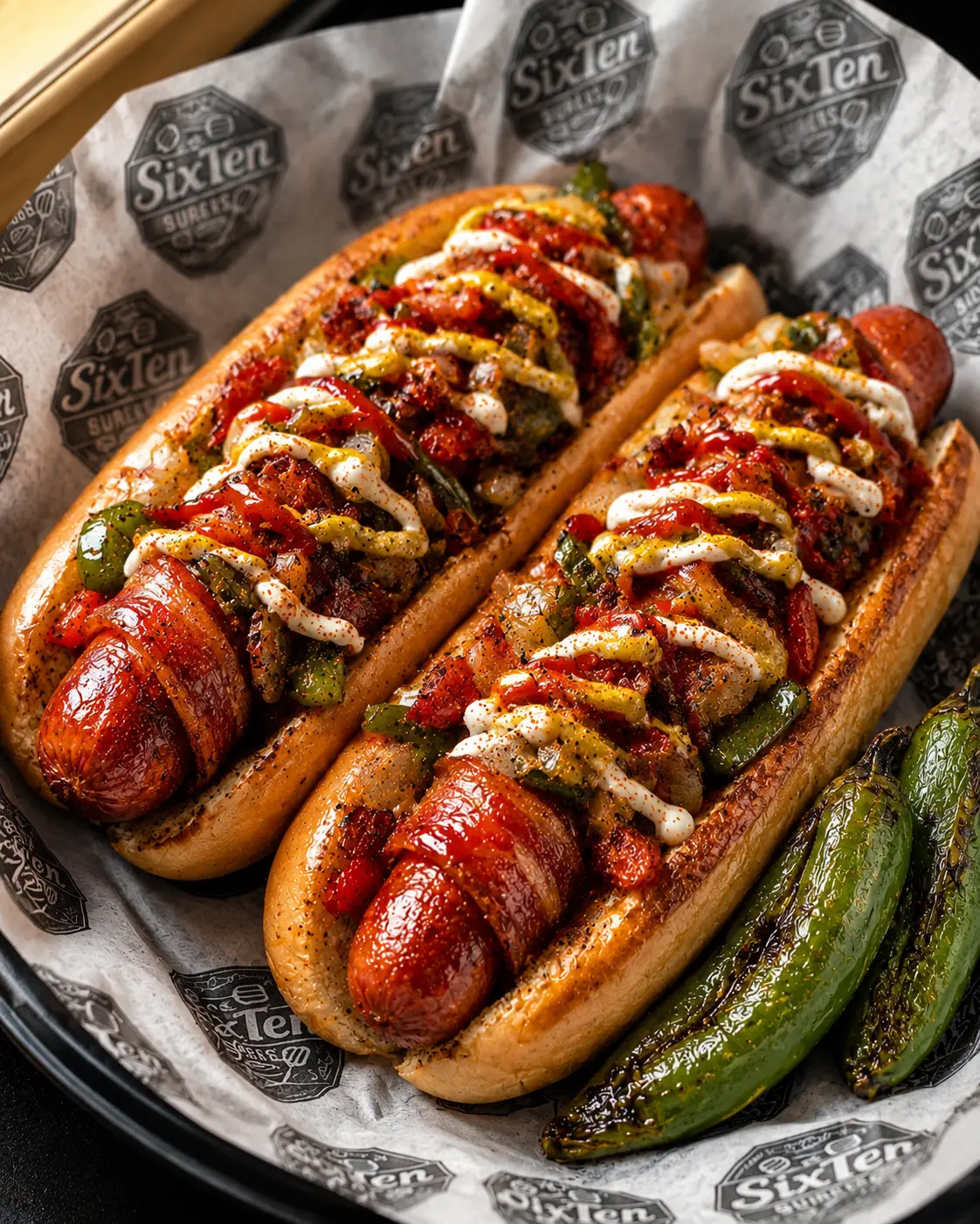 Two bacon-wrapped hot dogs topped with peppers and sauces