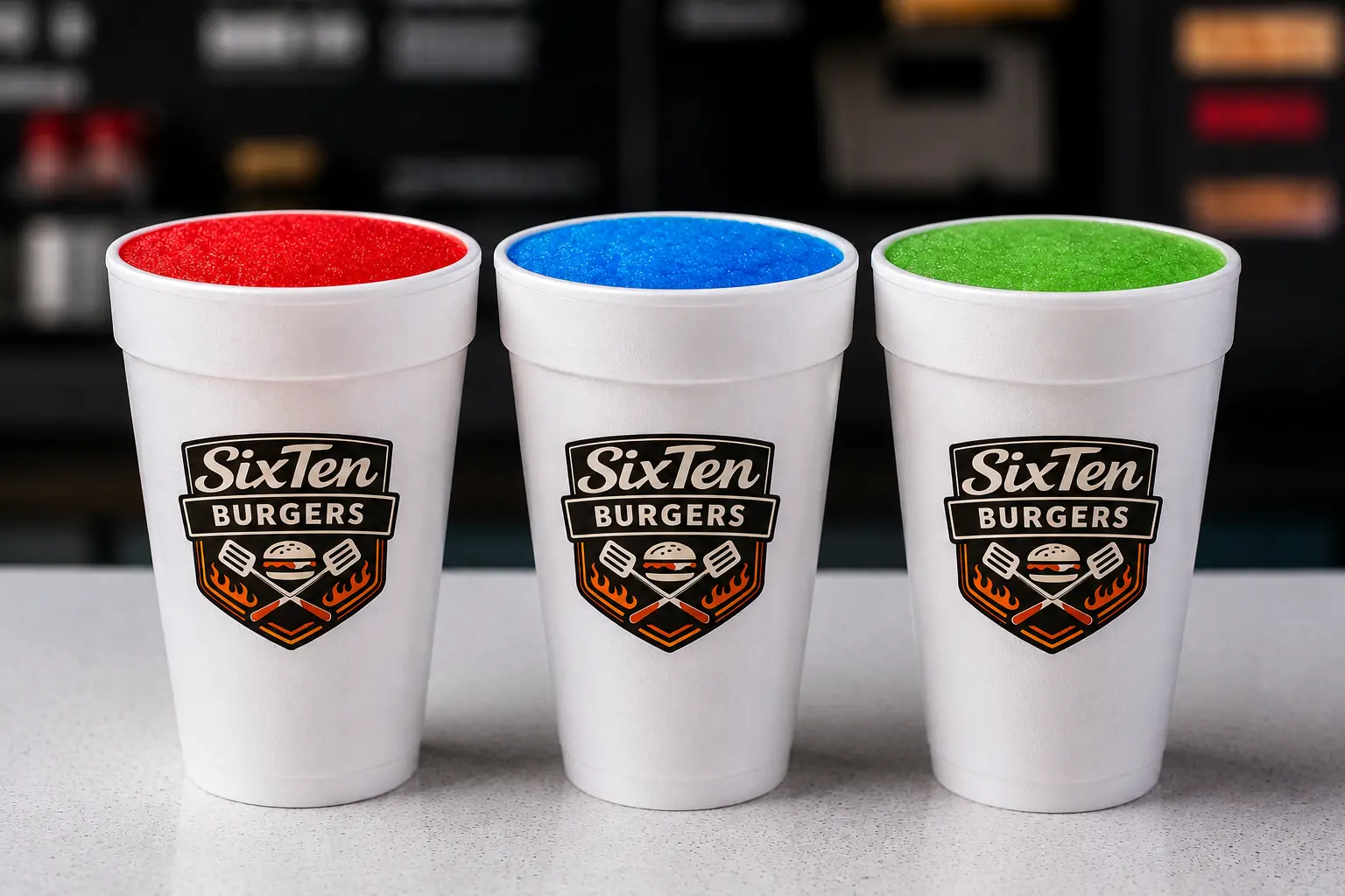 Three SixTen Burgers cups filled with red, blue and green slushies