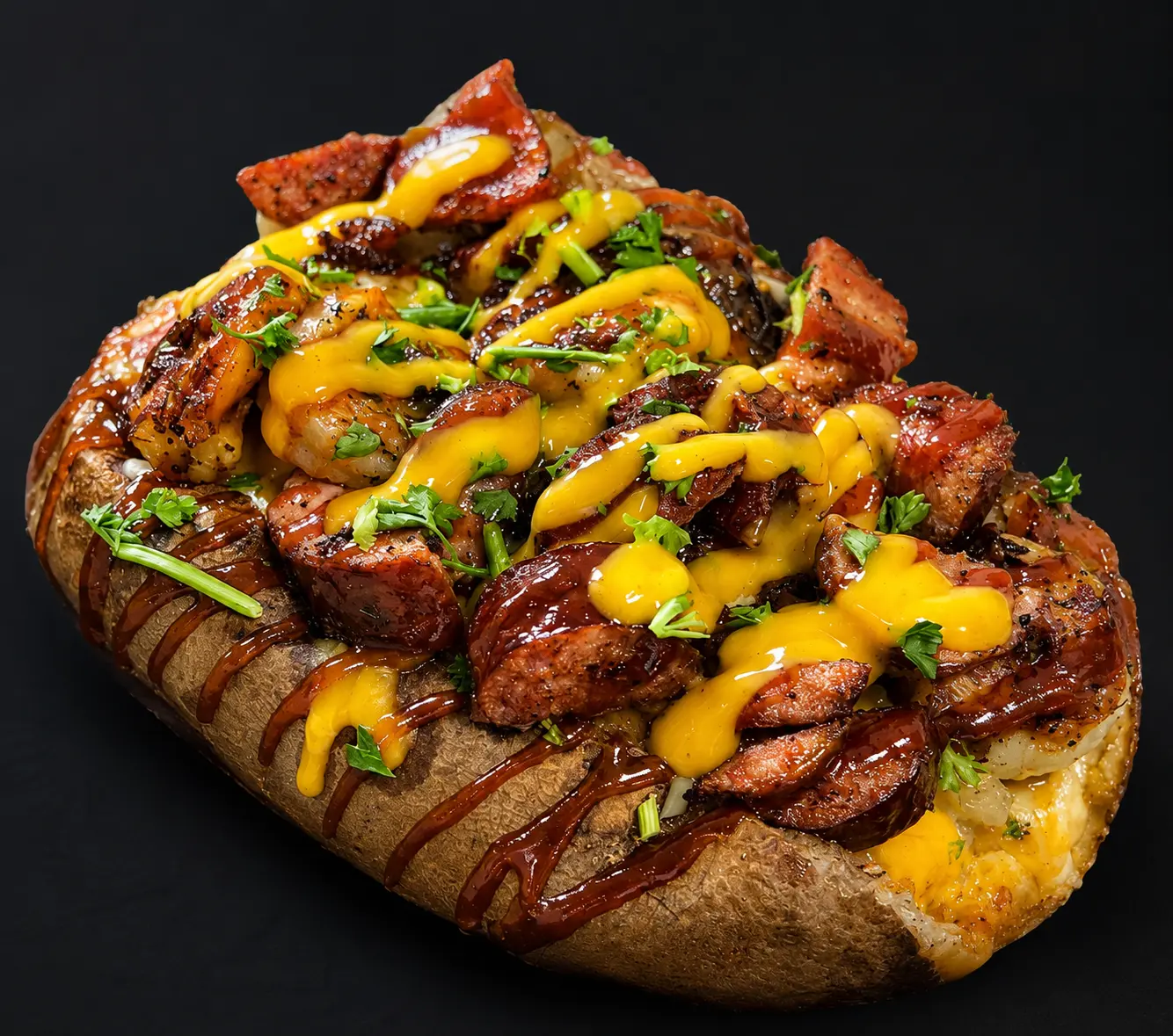 Fully loaded baked potato topped with sausage, shrimp, cheese sauce and BBQ drizzle