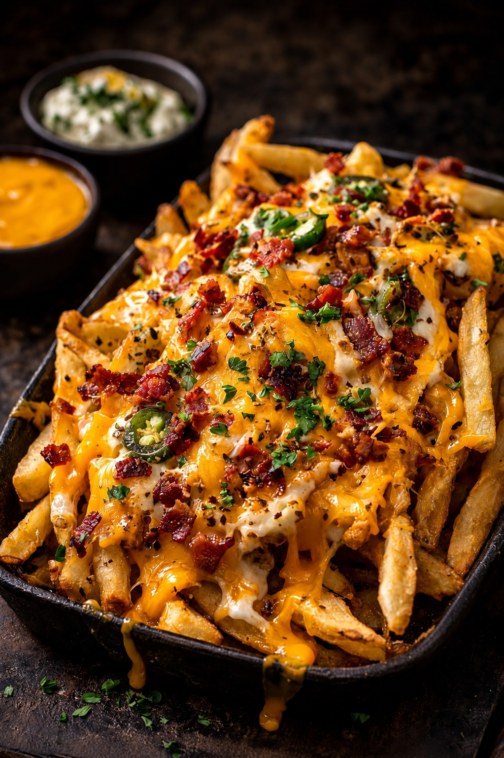 Loaded fries with melted cheese, bacon and jalapeños