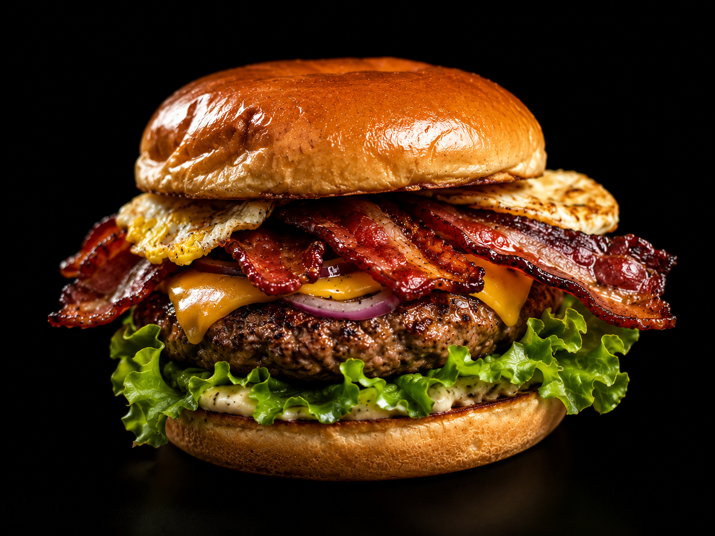 SixTen Burgers bacon cheeseburger with fried egg on a toasted brioche bun