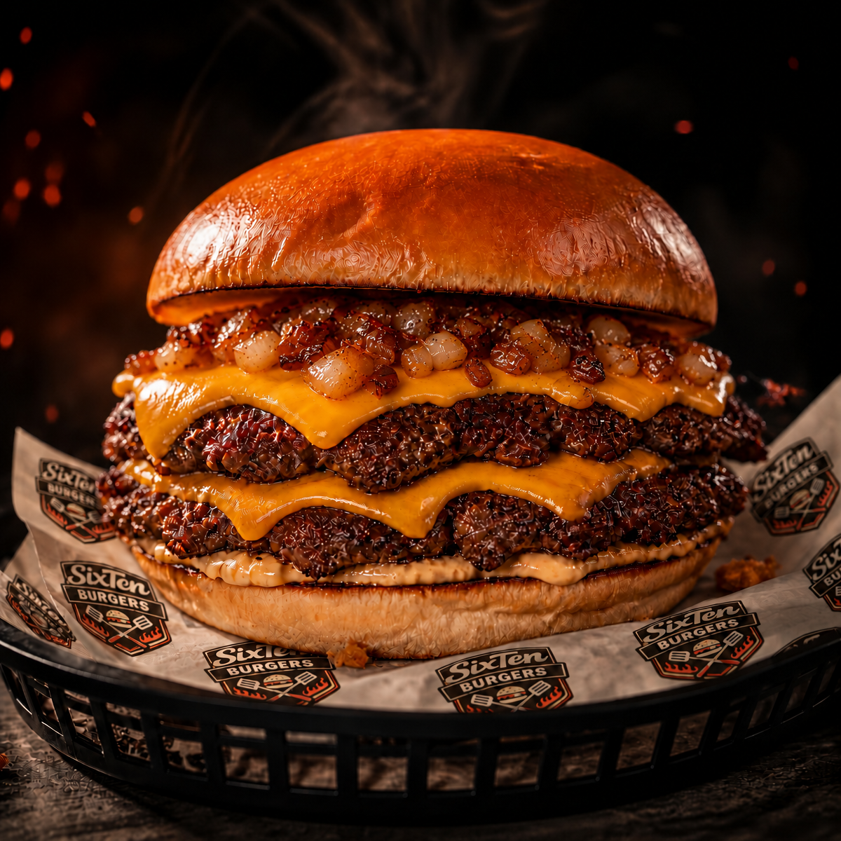 Double smash burger with melted American cheese and a light layer of caramelized onions